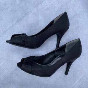Black Peep-Toe Stiletto Heels with Bow Detail